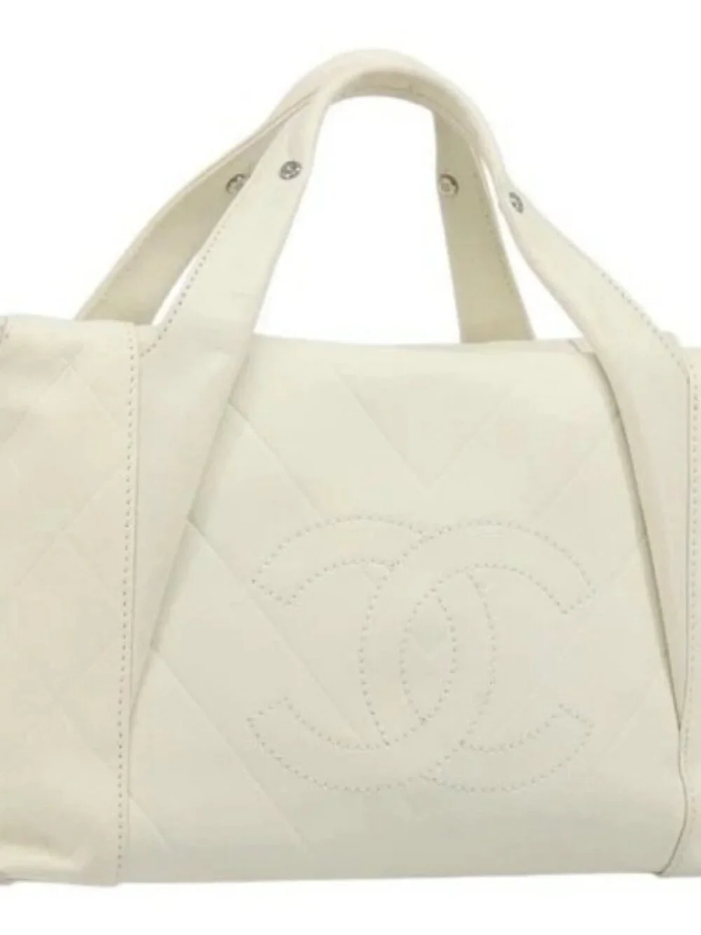 CHANEL V Stitch Hand Bag Lamb Skin White Silver CC Auth BA13606V